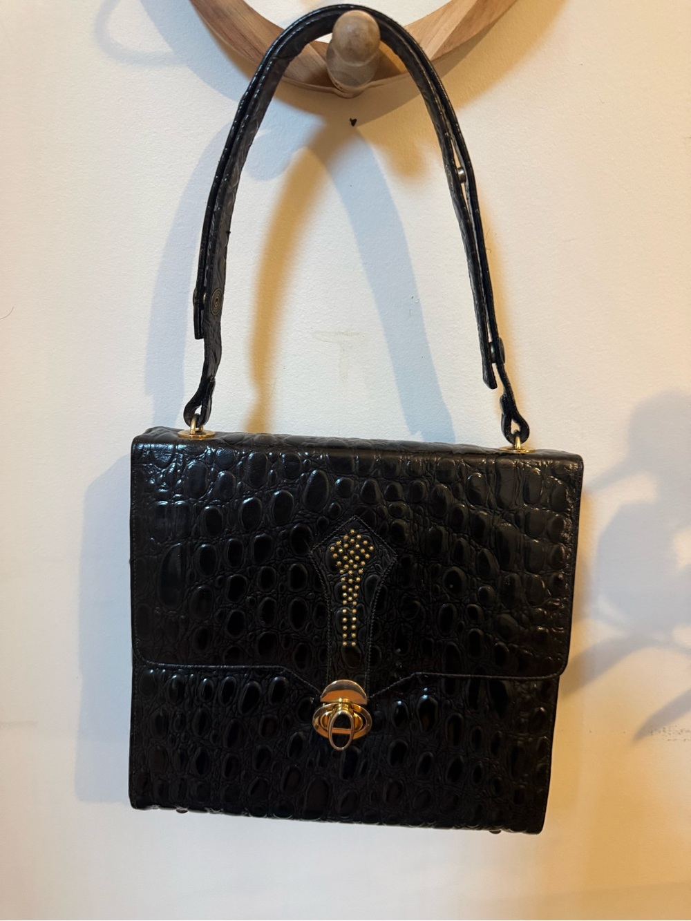 Vintage Black Croc Embossed Leather Handbag